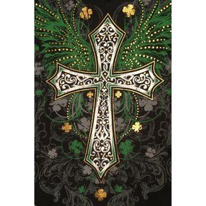 CELTIC CROSS Black T-shirt with Shamrocks, V-Neck, Size 2X, Green White Gold